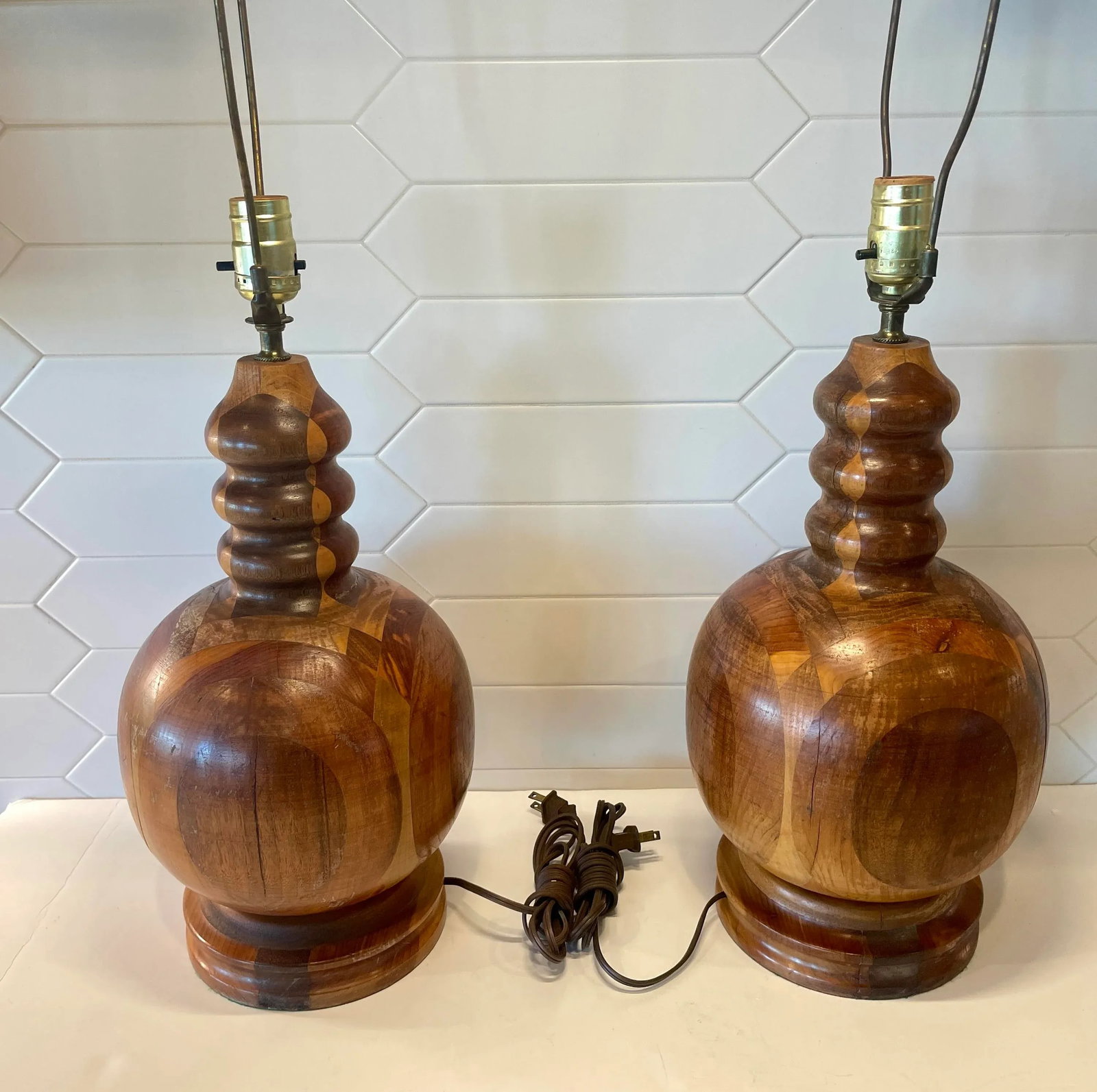 Vintage Marquetry Turned Wood Artisan Crafted Lamps- A Pair - 4