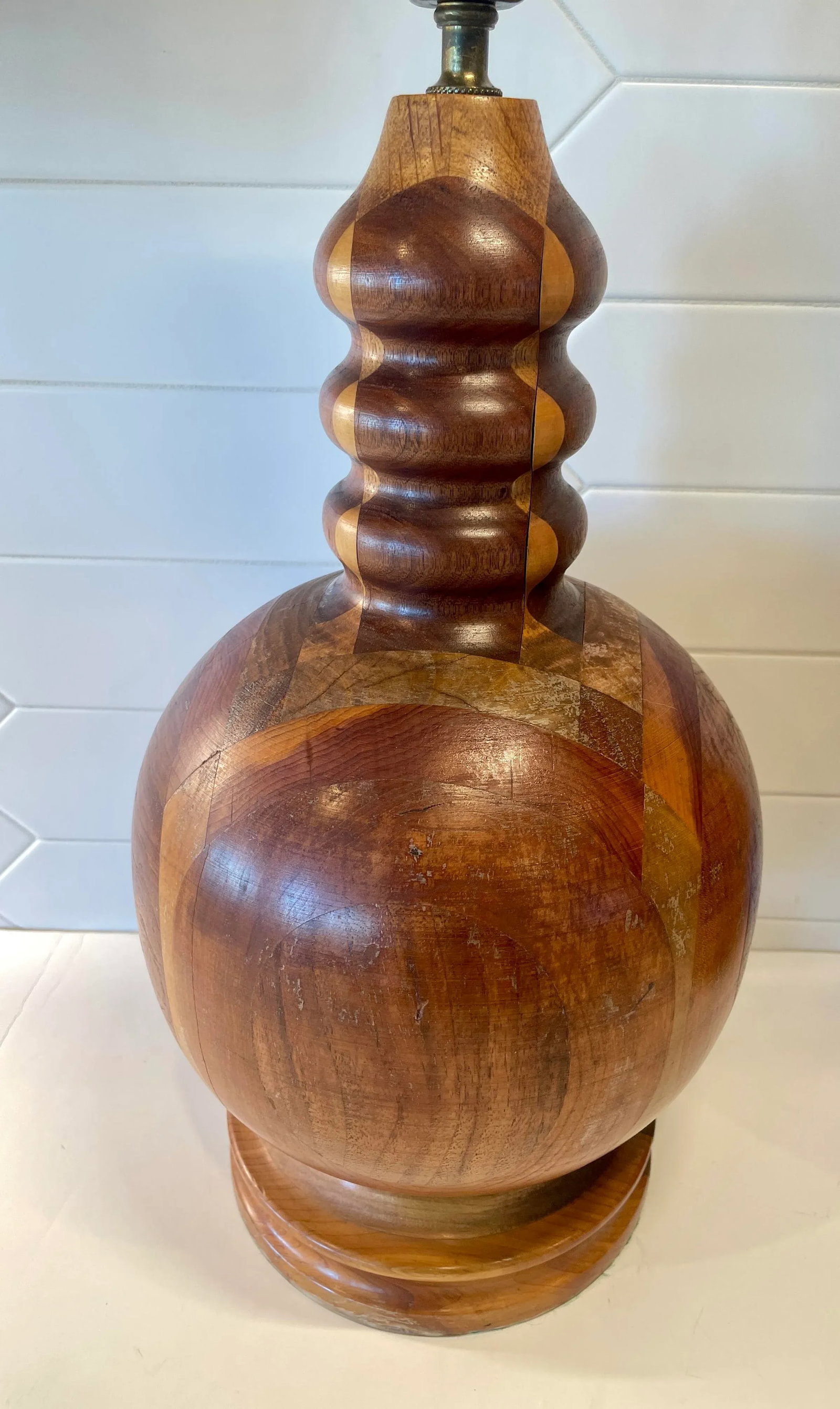 Vintage Marquetry Turned Wood Artisan Crafted Lamps- A Pair - 5