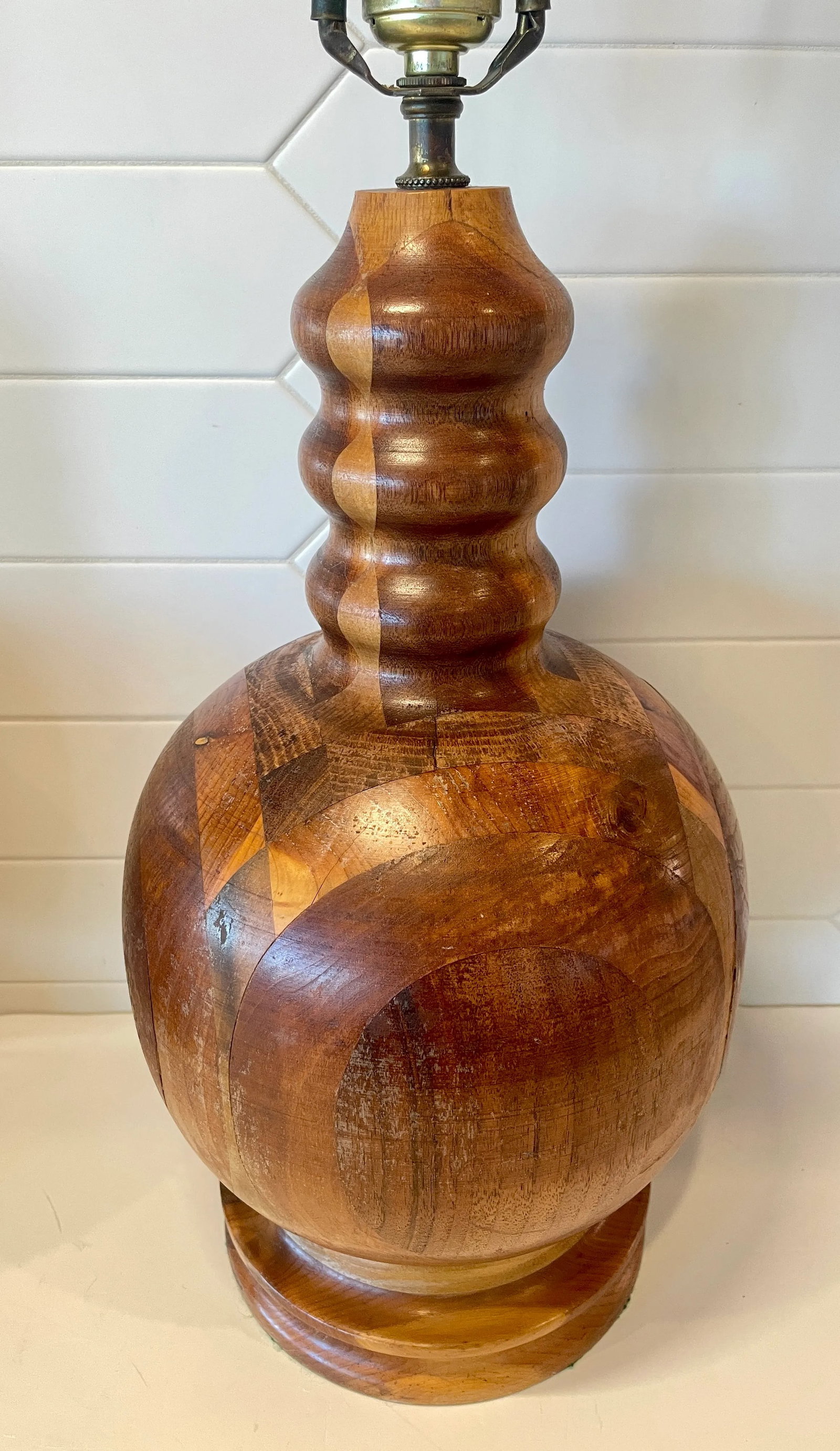 Vintage Marquetry Turned Wood Artisan Crafted Lamps- A Pair - 6