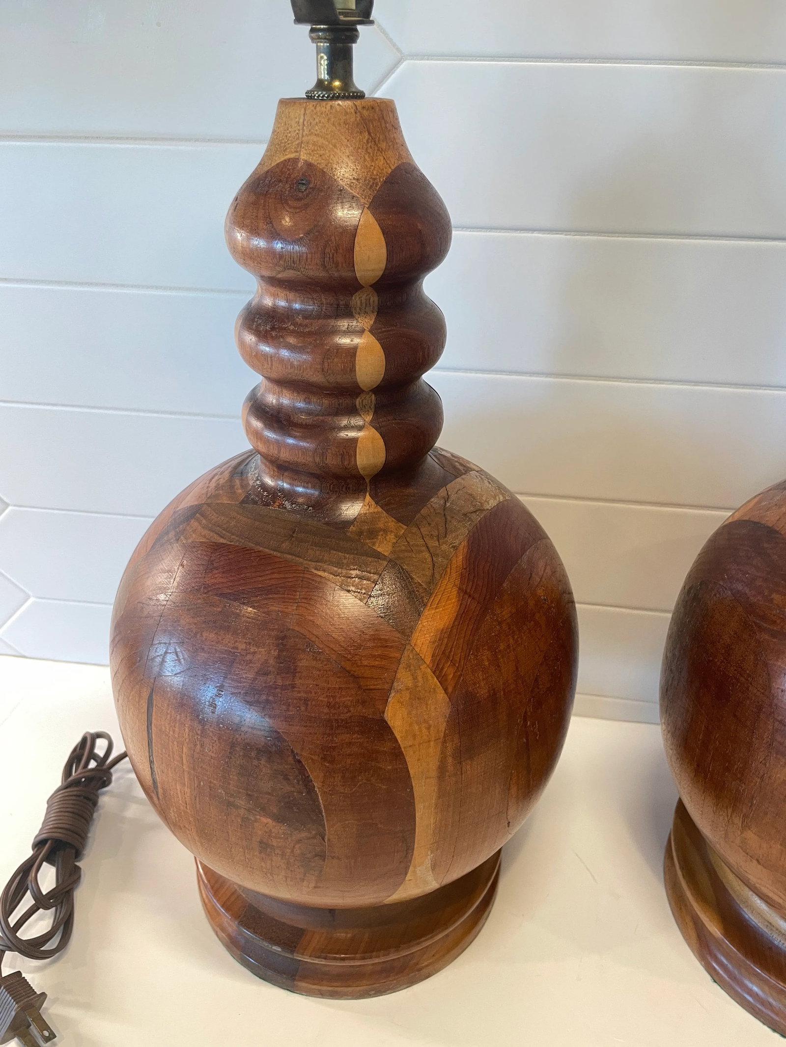 Vintage Marquetry Turned Wood Artisan Crafted Lamps- A Pair - 7