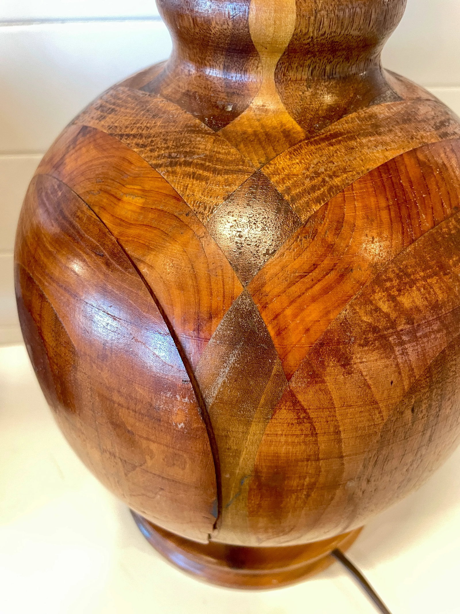 Vintage Marquetry Turned Wood Artisan Crafted Lamps- A Pair - 8