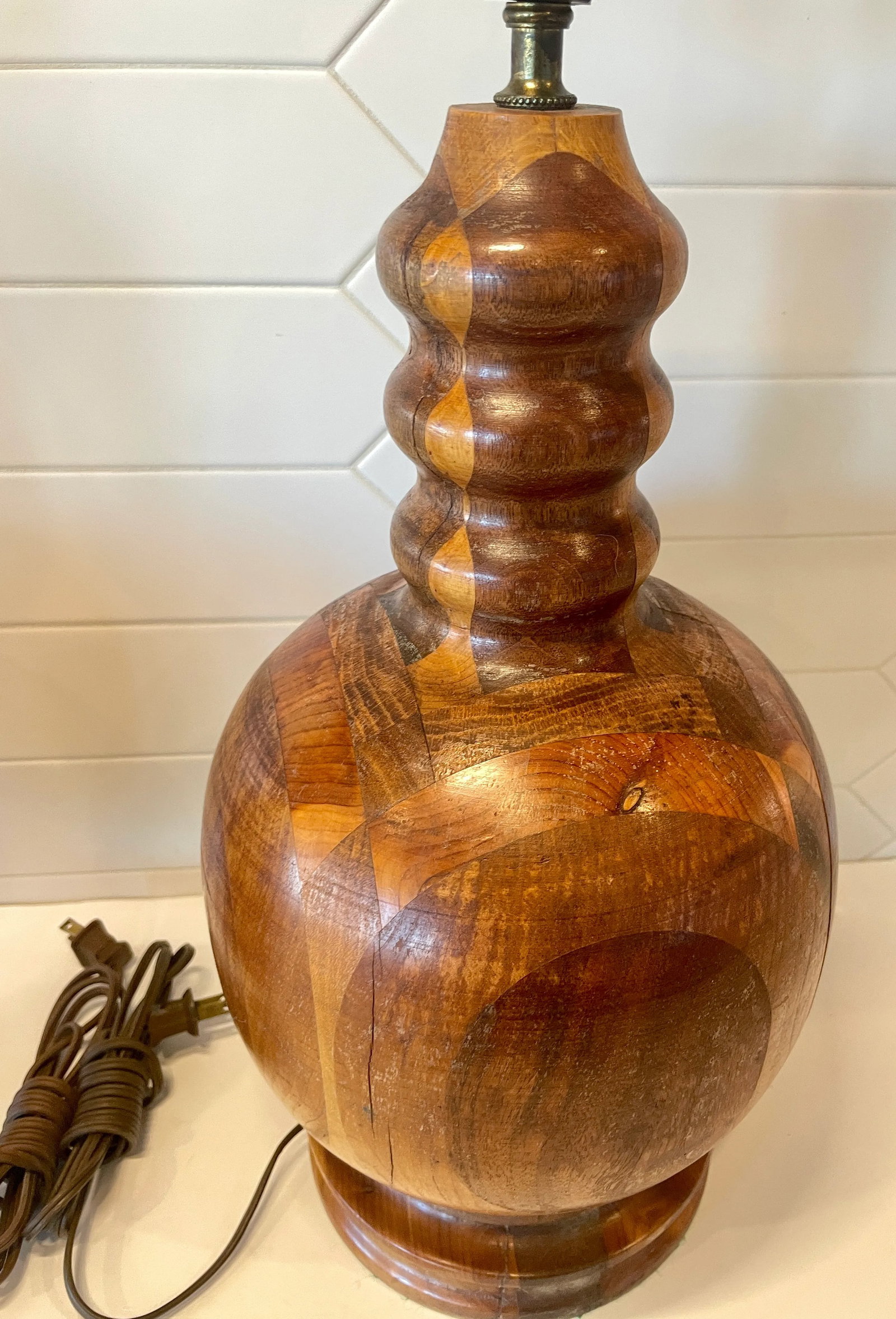 Vintage Marquetry Turned Wood Artisan Crafted Lamps- A Pair - 9