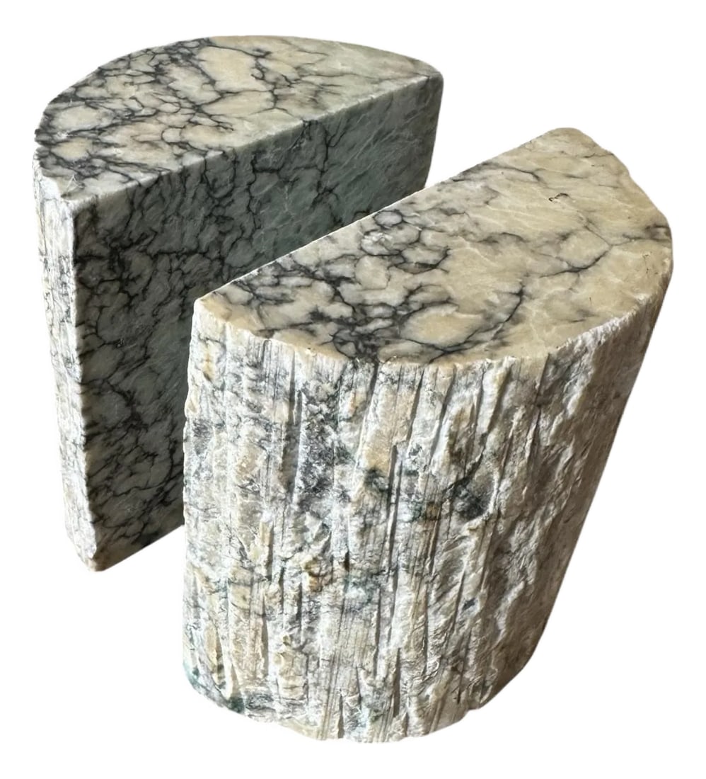 Pair of Late 20th Century Blue Alabaster Bookends: Very chic pair of blue alabaster bookends. The perfect way to add natural texture to your decor. Condition: Alterations: Original Condition Unaltered Imperfections: Some Imperfections Condition