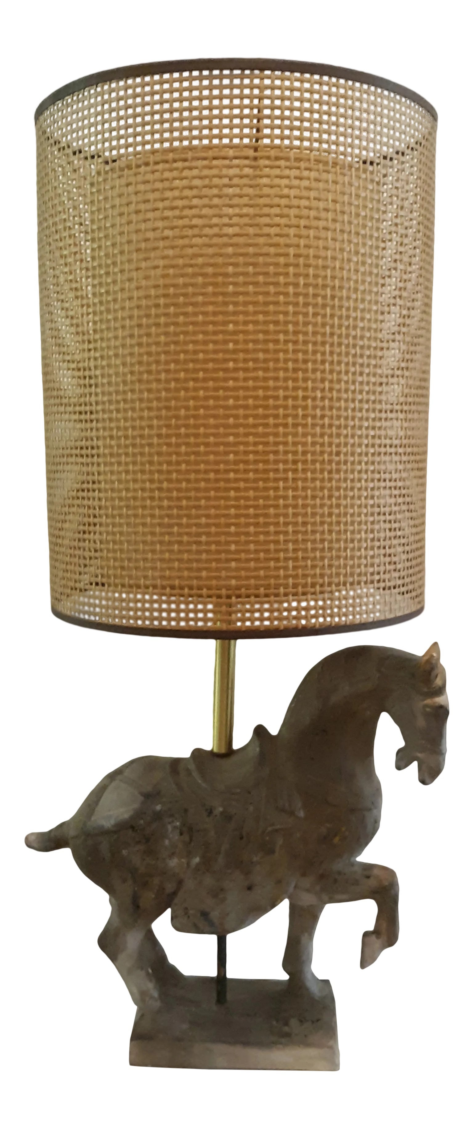 Mid-Century Modern Tang Dynasty Style Horse Table Lamp: Original Mid-Century Modern plaster Tang dynasty style horse, with a brass rod supporting a custom round shade. Very Hollywood Regency and Billy Haines style. The horse sculpture is 15.5" tall x 14"