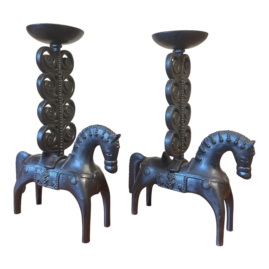 1970s Modernist Iron Pair of Etruscan Horse Candle Holders Signed Caenaho: Hefty cast iron construction, modernist styling, signed at bottom, rare find. Condition: Alterations: Original Condition Unaltered Imperfections: Some Imperfections Condition Notes: Excellent vintage 