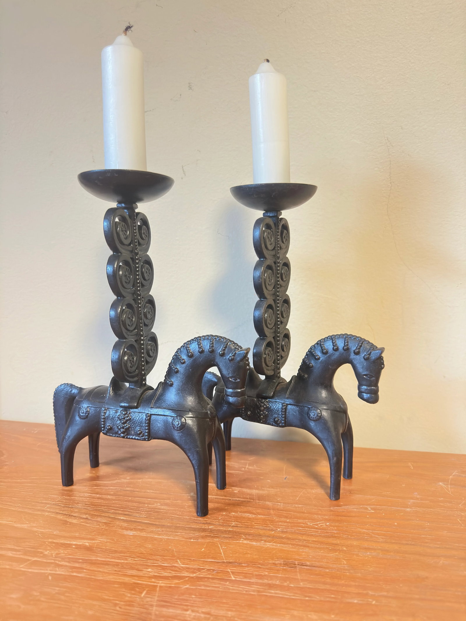 1970s Modernist Iron Pair of Etruscan Horse Candle Holders Signed Caenaho - 2