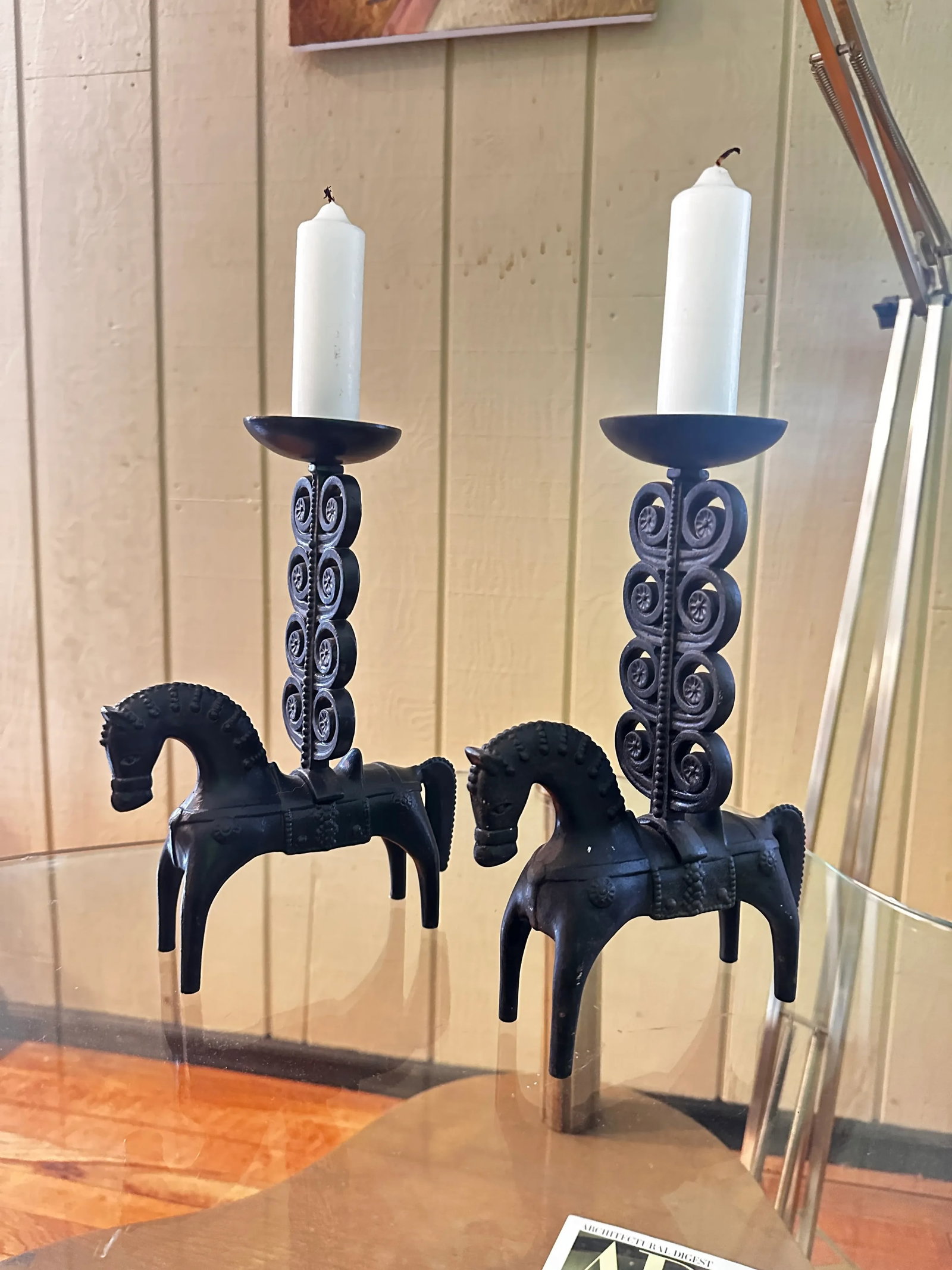 1970s Modernist Iron Pair of Etruscan Horse Candle Holders Signed Caenaho - 4