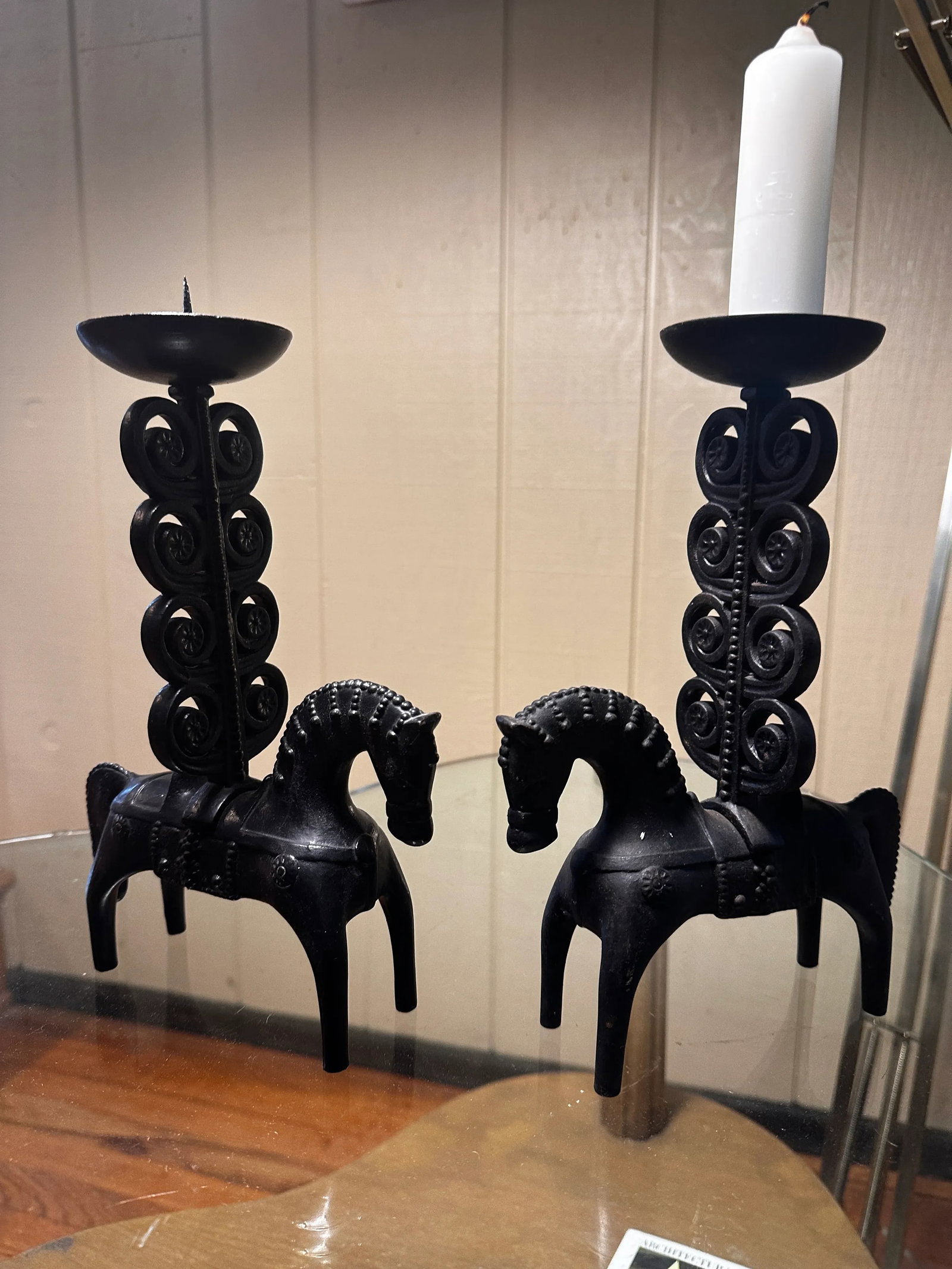 1970s Modernist Iron Pair of Etruscan Horse Candle Holders Signed Caenaho - 7