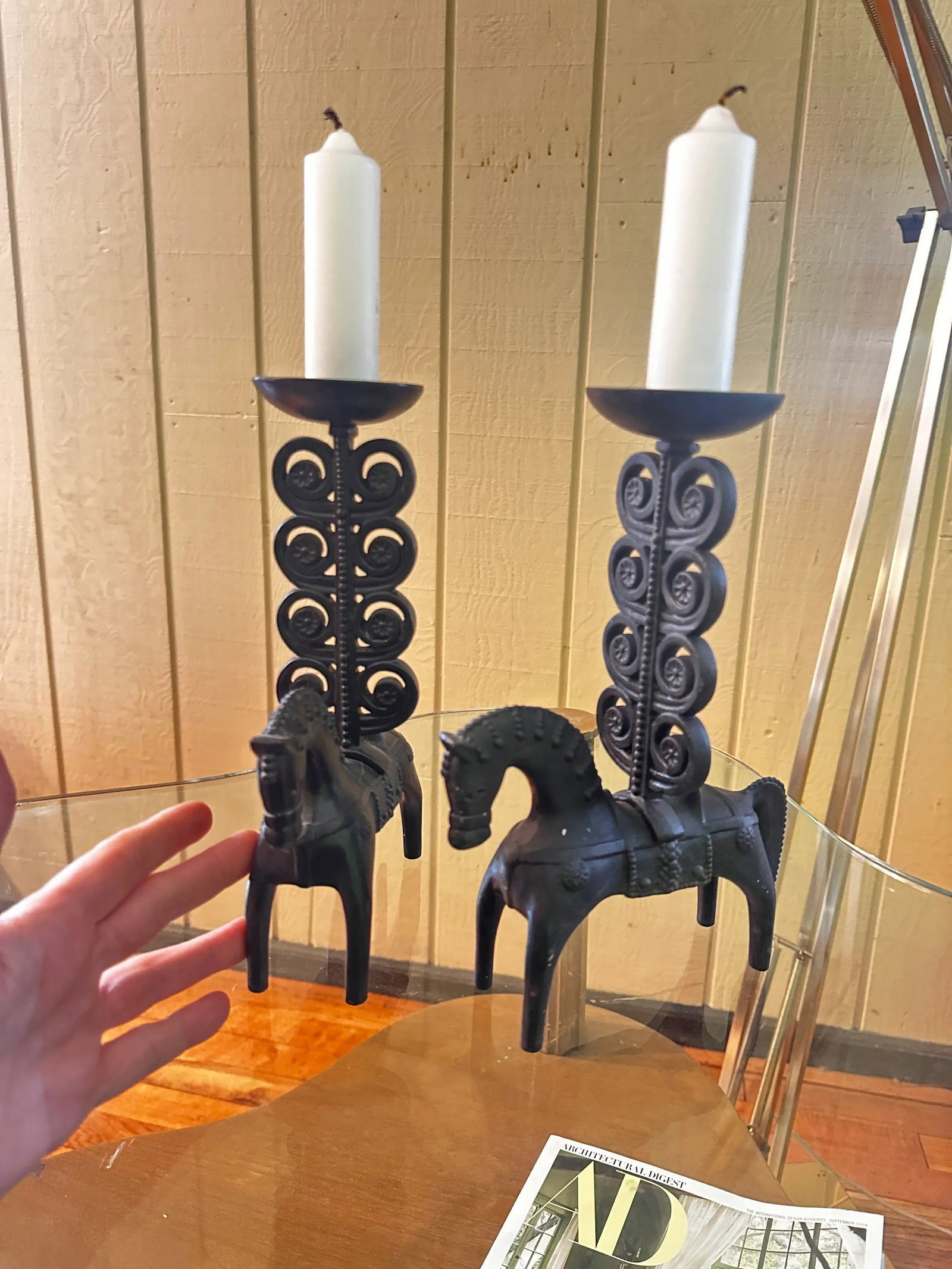 1970s Modernist Iron Pair of Etruscan Horse Candle Holders Signed Caenaho - 8
