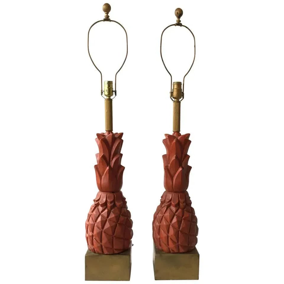 1960s Plaster Pineapple Lamps on Wood Base - A Pair - 11
