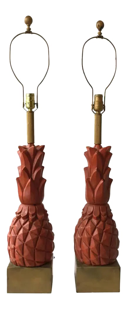 1960s Plaster Pineapple Lamps on Wood Base - A Pair: Pair of 1960s plaster pineapple lamps on wood base. Condition: Alterations: Unknown Imperfections: Some Imperfections Condition Notes: Good condition. Wear consistent with age and use. Mirror paint