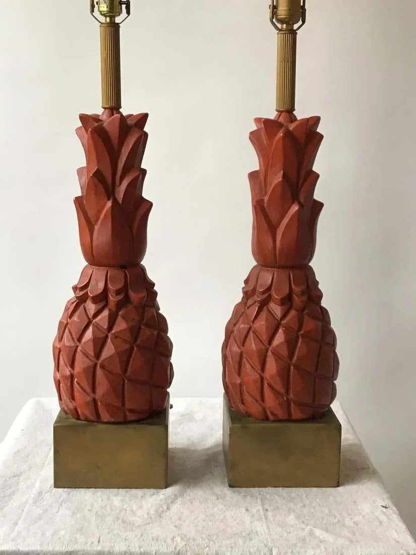 1960s Plaster Pineapple Lamps on Wood Base - A Pair - 3