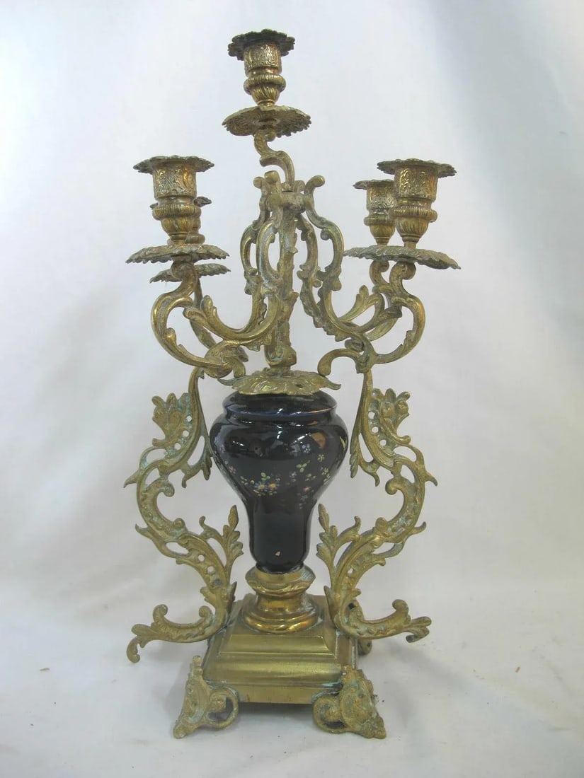 Antique Floral Cloisonne Gold Gilt Brass Figural Medallion Candelabras - a Pair - 10