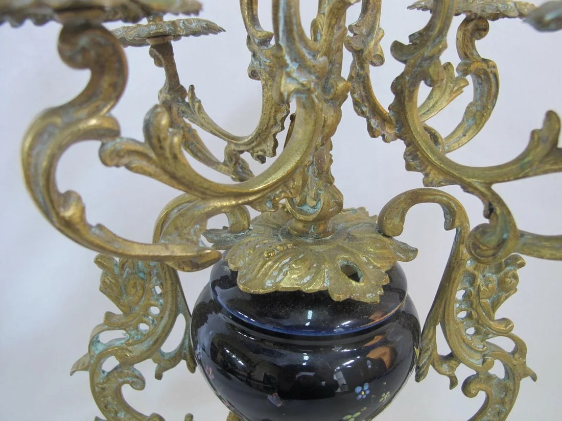 Antique Floral Cloisonne Gold Gilt Brass Figural Medallion Candelabras - a Pair - 11