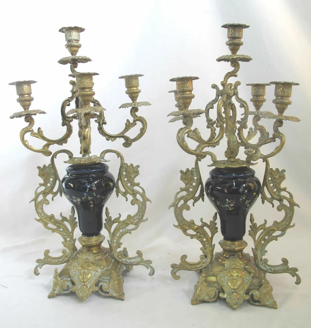 Antique Floral Cloisonne Gold Gilt Brass Figural Medallion Candelabras - a Pair - 12
