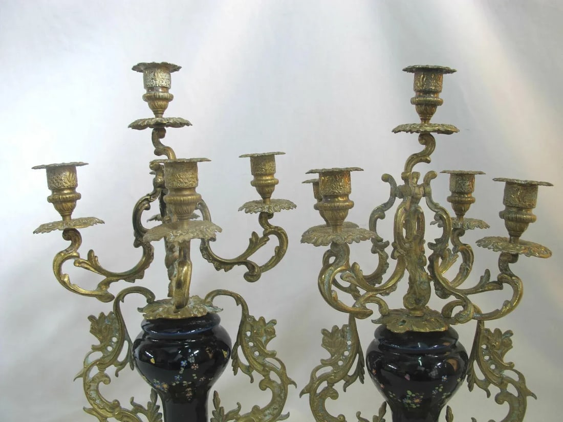Antique Floral Cloisonne Gold Gilt Brass Figural Medallion Candelabras - a Pair - 2