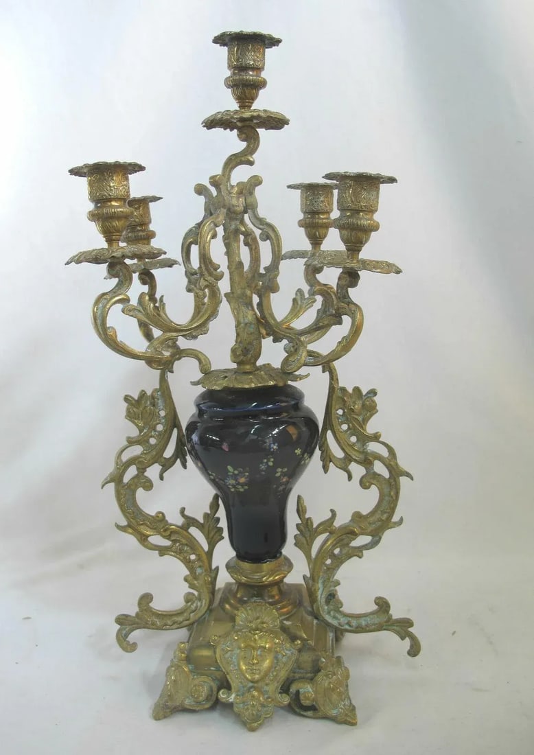 Antique Floral Cloisonne Gold Gilt Brass Figural Medallion Candelabras - a Pair - 3