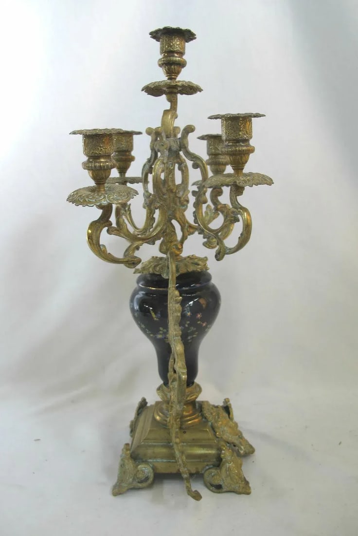 Antique Floral Cloisonne Gold Gilt Brass Figural Medallion Candelabras - a Pair - 8