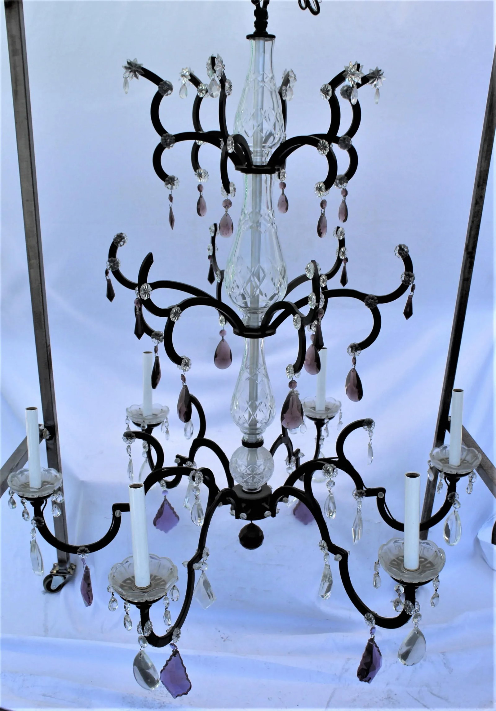 Crystal Chandelier, Iron Frame With Semi-Black Painted Finish & Clear and Amethyst Crystals - 11