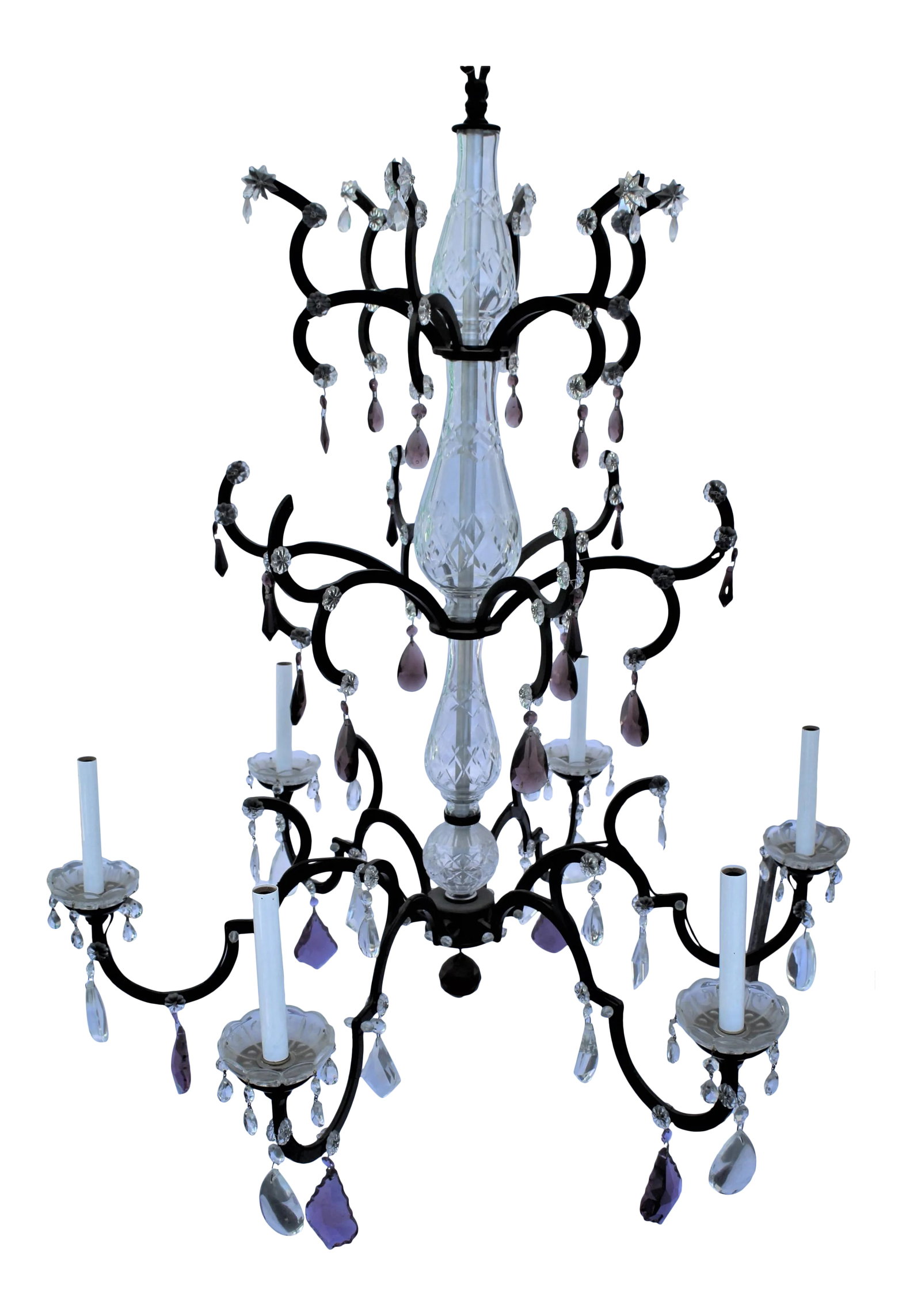 Crystal Chandelier, Iron Frame With Semi-Black Painted Finish & Clear and Amethyst Crystals: A mid century Iron and Crystal 3 tiered Chandelier . Custom made for a lighting showroom in LA . Two colors of crystal pendants . Clear ones and the Amethyst ones . Medium size . Total ht at 41 " and 