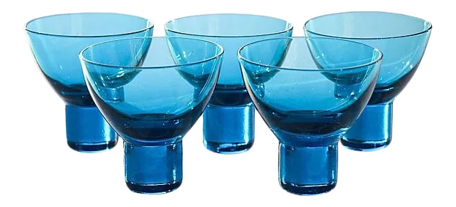 Blue Glasses, S/5: Set of five midcentury blue shot glasses. No maker's mark. This beautiful set ships within 1-2 business days from purchase, and to be received within 2-4 business days from shipping of order.