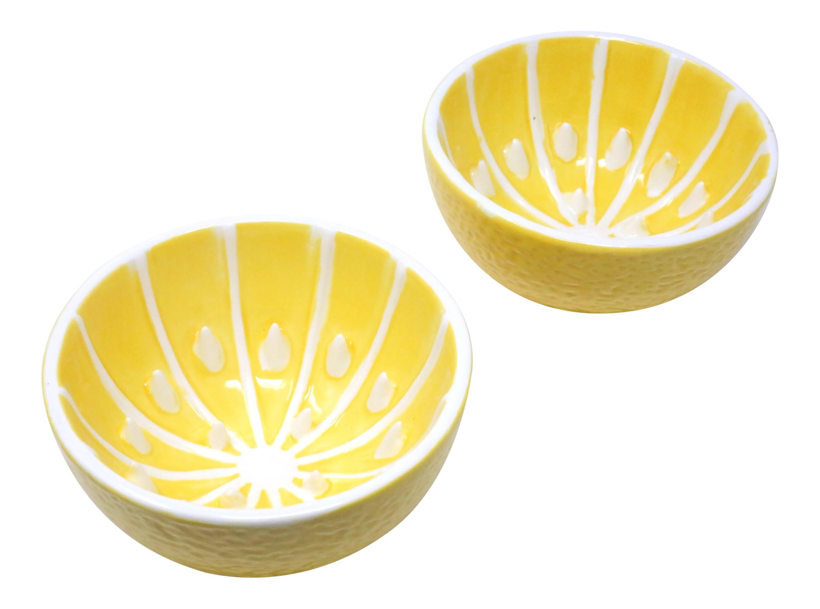 Vintage Ceramic Grapefruit Serving Bowls - a Pair: A pair of vintage yellow and white ceramic bowls, in the form of halved citrus fruit. Good vintage condition. Made in China. Condition: Alterations: Original Condition Unaltered Imperfections: Some