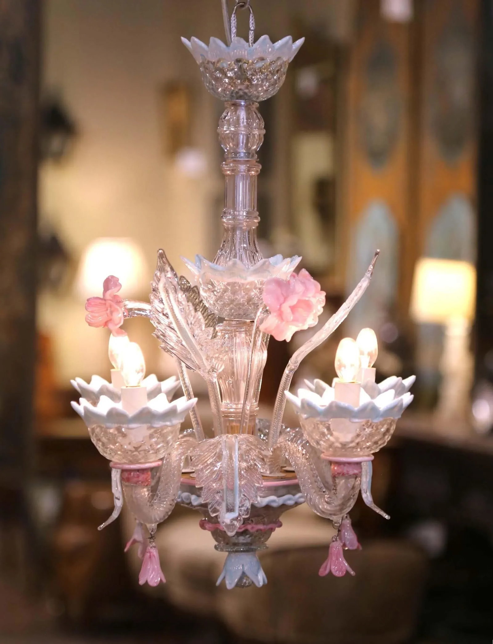 Mid-Century Italian Blown Glass Murano Four-Light Chandelier With Floral Motifs - 2