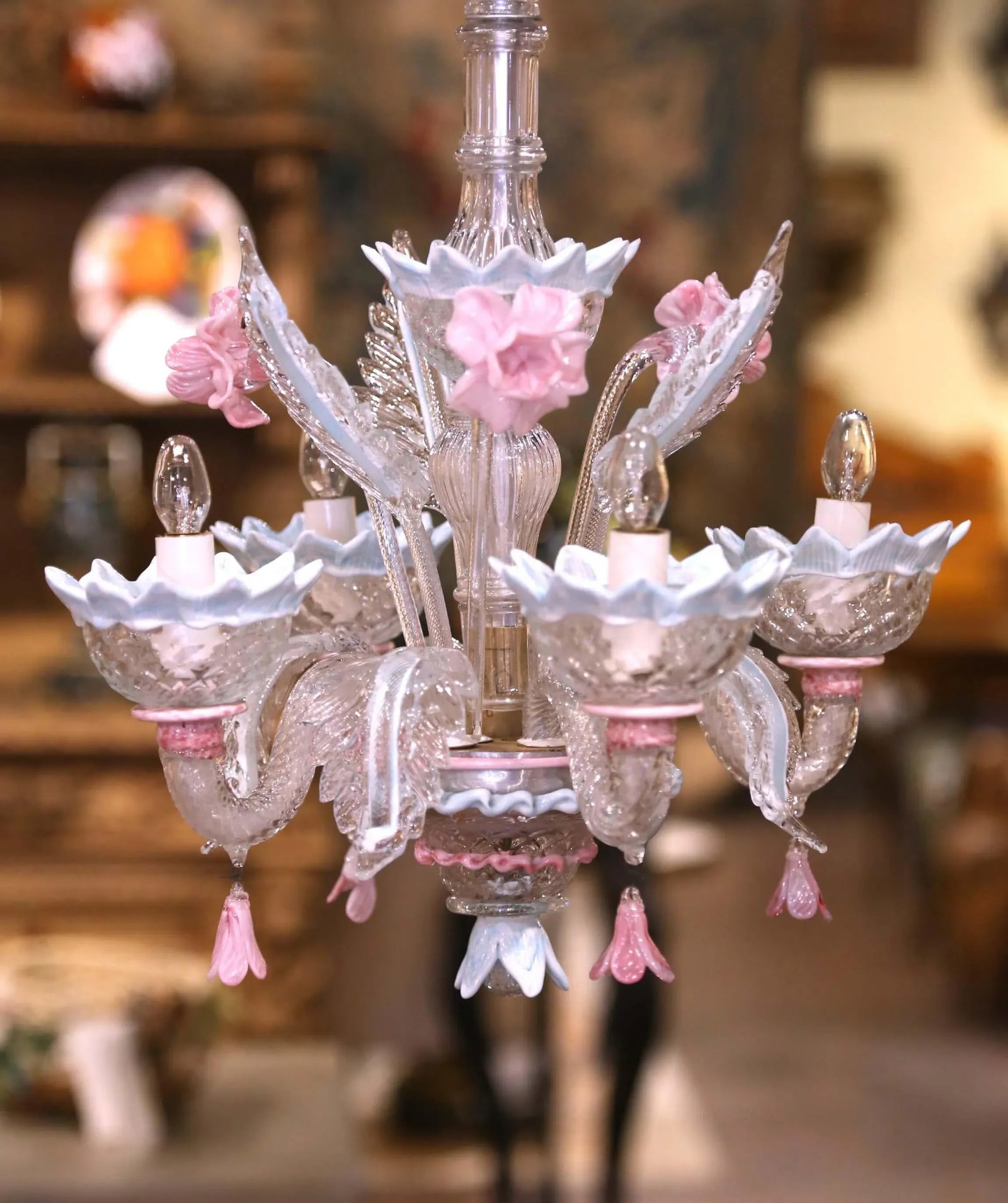 Mid-Century Italian Blown Glass Murano Four-Light Chandelier With Floral Motifs - 3