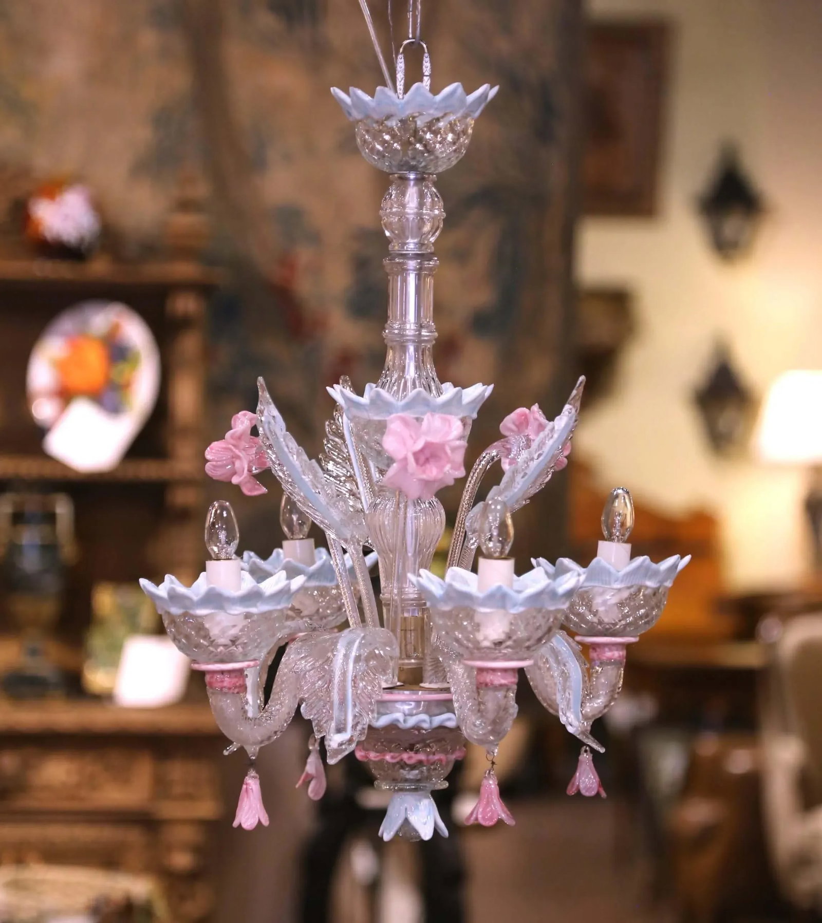 Mid-Century Italian Blown Glass Murano Four-Light Chandelier With Floral Motifs - 5