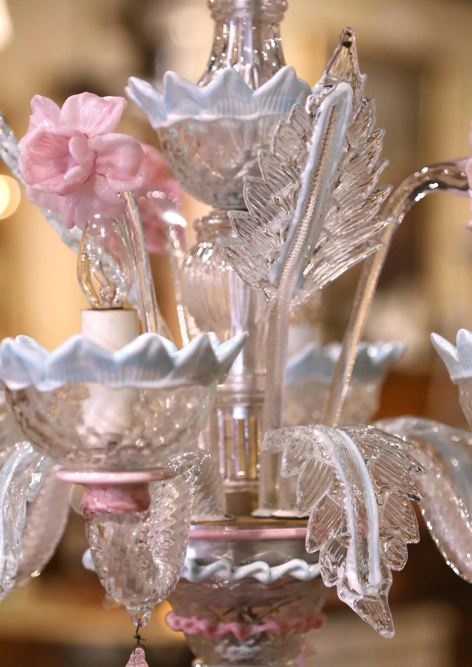 Mid-Century Italian Blown Glass Murano Four-Light Chandelier With Floral Motifs - 7