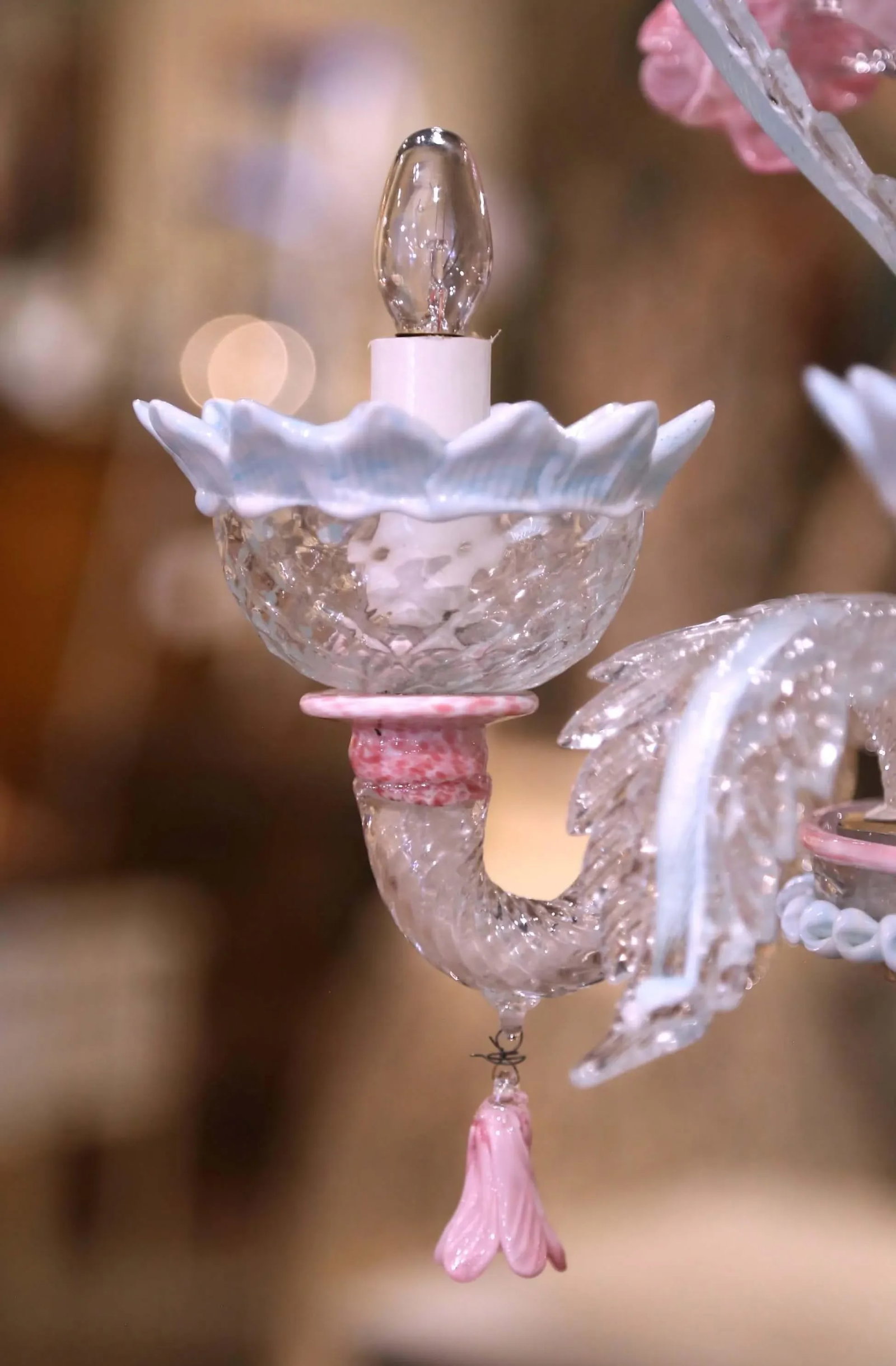 Mid-Century Italian Blown Glass Murano Four-Light Chandelier With Floral Motifs - 8