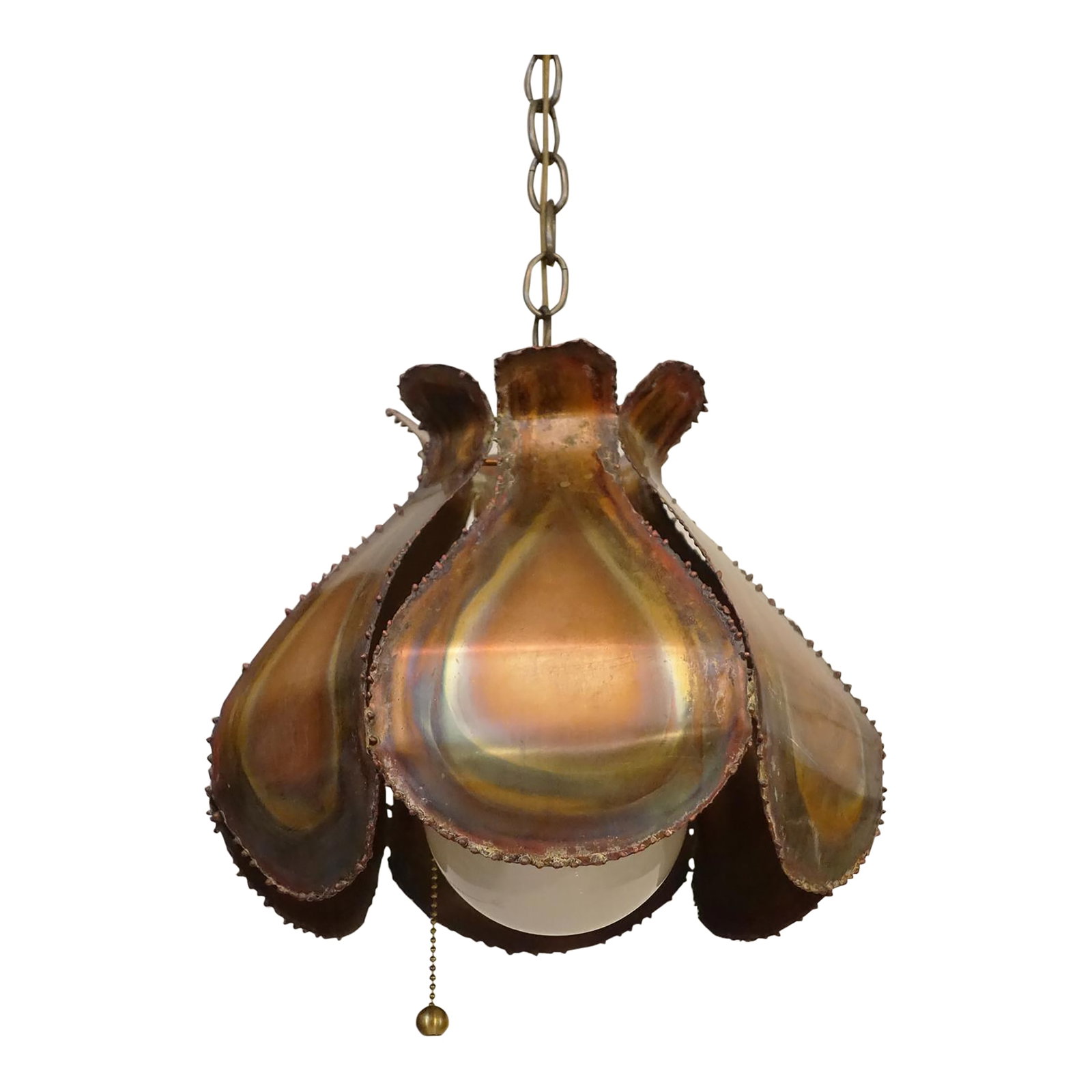 1960's Brutalist Torch Cut Copper Swag Flower Sculpture Hanging Lamp, Tom Greene Style: A dramatic and sculptural Brutalist torch cut "Lotus" flower shaped form hanging pendant swag style lamp designed in the manner of Tom Greenes' similar Brutalist lighting designs circa 1960's. Compris
