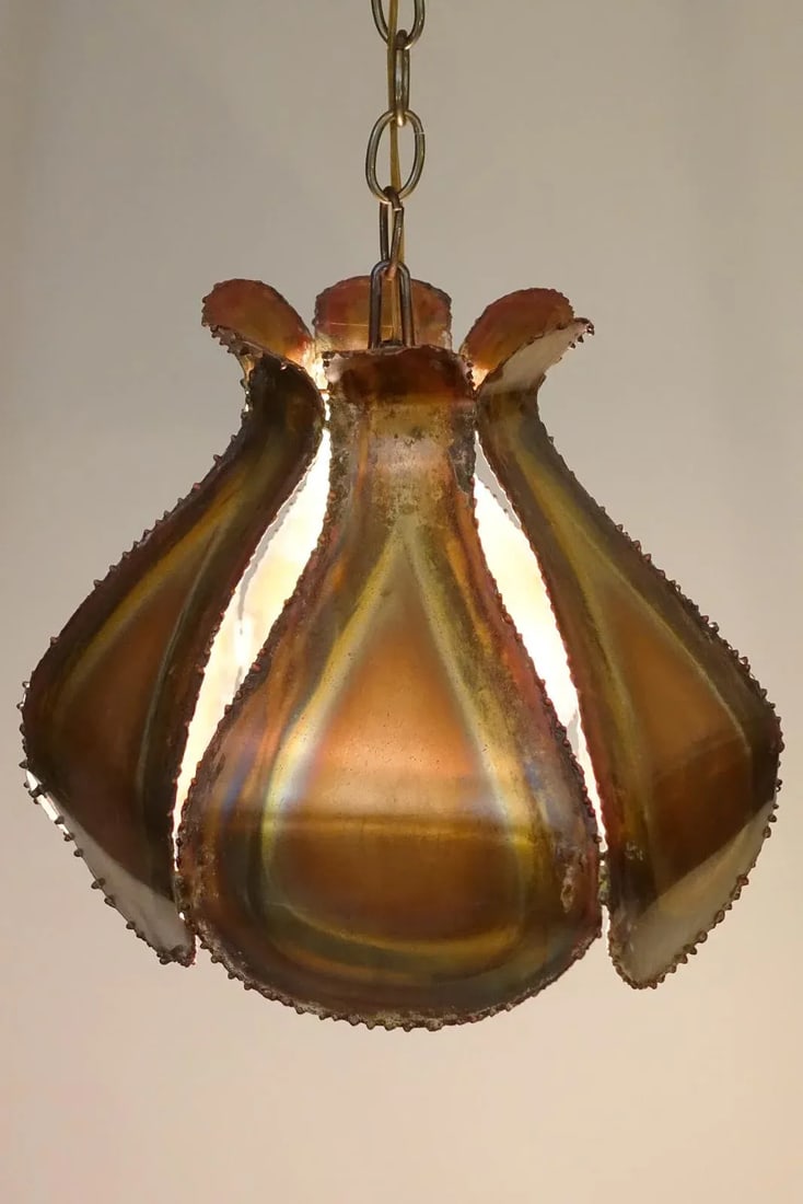 1960's Brutalist Torch Cut Copper Swag Flower Sculpture Hanging Lamp, Tom Greene Style - 2