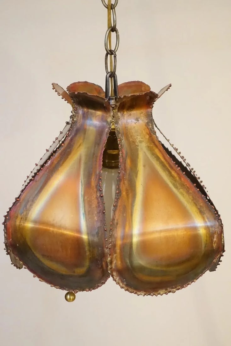 1960's Brutalist Torch Cut Copper Swag Flower Sculpture Hanging Lamp, Tom Greene Style - 3