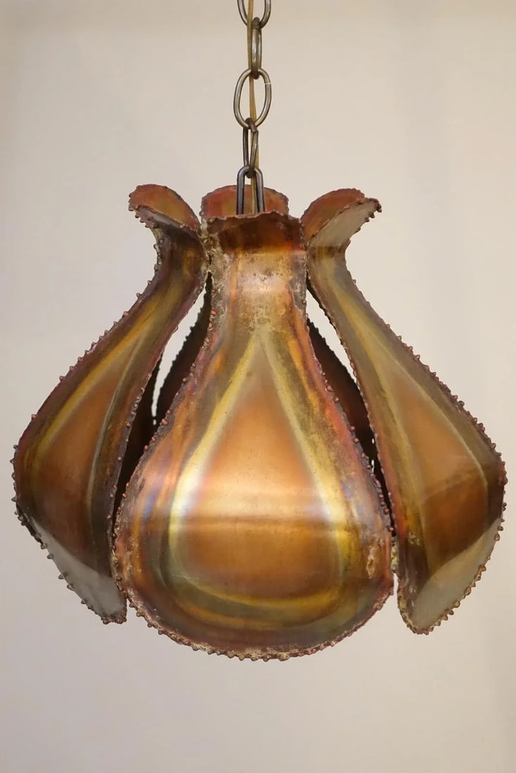 1960's Brutalist Torch Cut Copper Swag Flower Sculpture Hanging Lamp, Tom Greene Style - 4