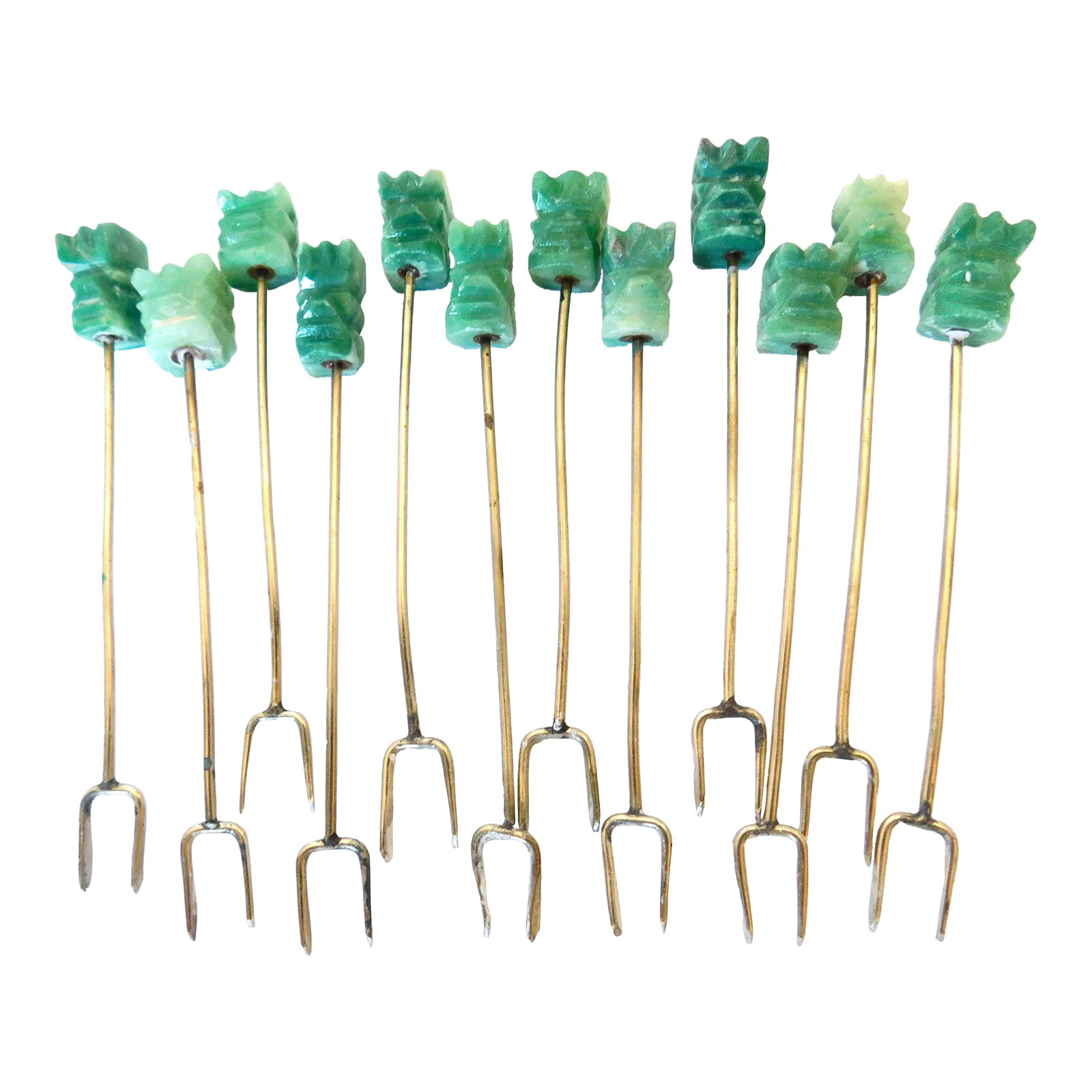 Malachite Carved Tiki-Head Mexican Appetizer Forks, McM, Set of 12: Perfectly and Uniquely Carved Malachite Semi-Precious Stone Tiki Head Mexican Appetizer, Serving forks, Set of Twelve. These unique pieces are hand-carved in Mexico and have German Silver Pics. The