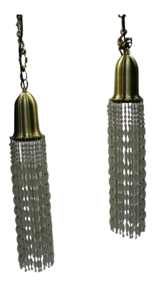 Modern Frosted Glass Beads Pendant Lamps with Brass Shades and Chains - a Pair: Great looking pendants. Solid spun brass shades with Frosted beads suspended from bottom ring. Solid brass chain and ceiling caps. Custom designed and made for a lighting showroom. These are the showr