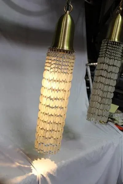 Modern Frosted Glass Beads Pendant Lamps with Brass Shades and Chains - a Pair - 3