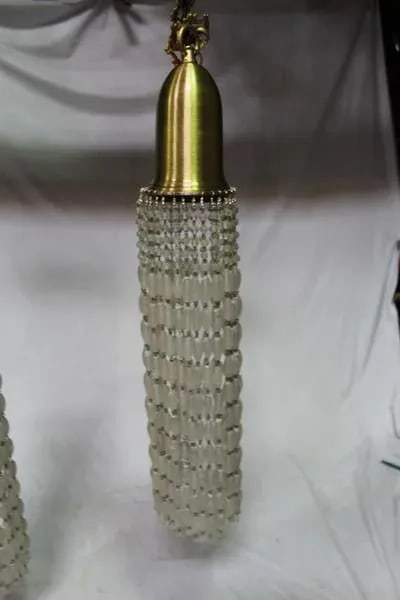 Modern Frosted Glass Beads Pendant Lamps with Brass Shades and Chains - a Pair - 4