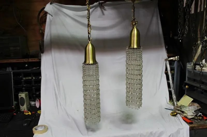 Modern Frosted Glass Beads Pendant Lamps with Brass Shades and Chains - a Pair - 5