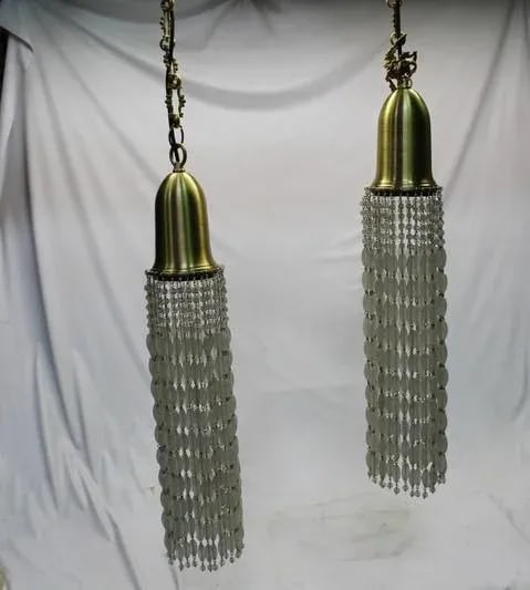 Modern Frosted Glass Beads Pendant Lamps with Brass Shades and Chains - a Pair - 7
