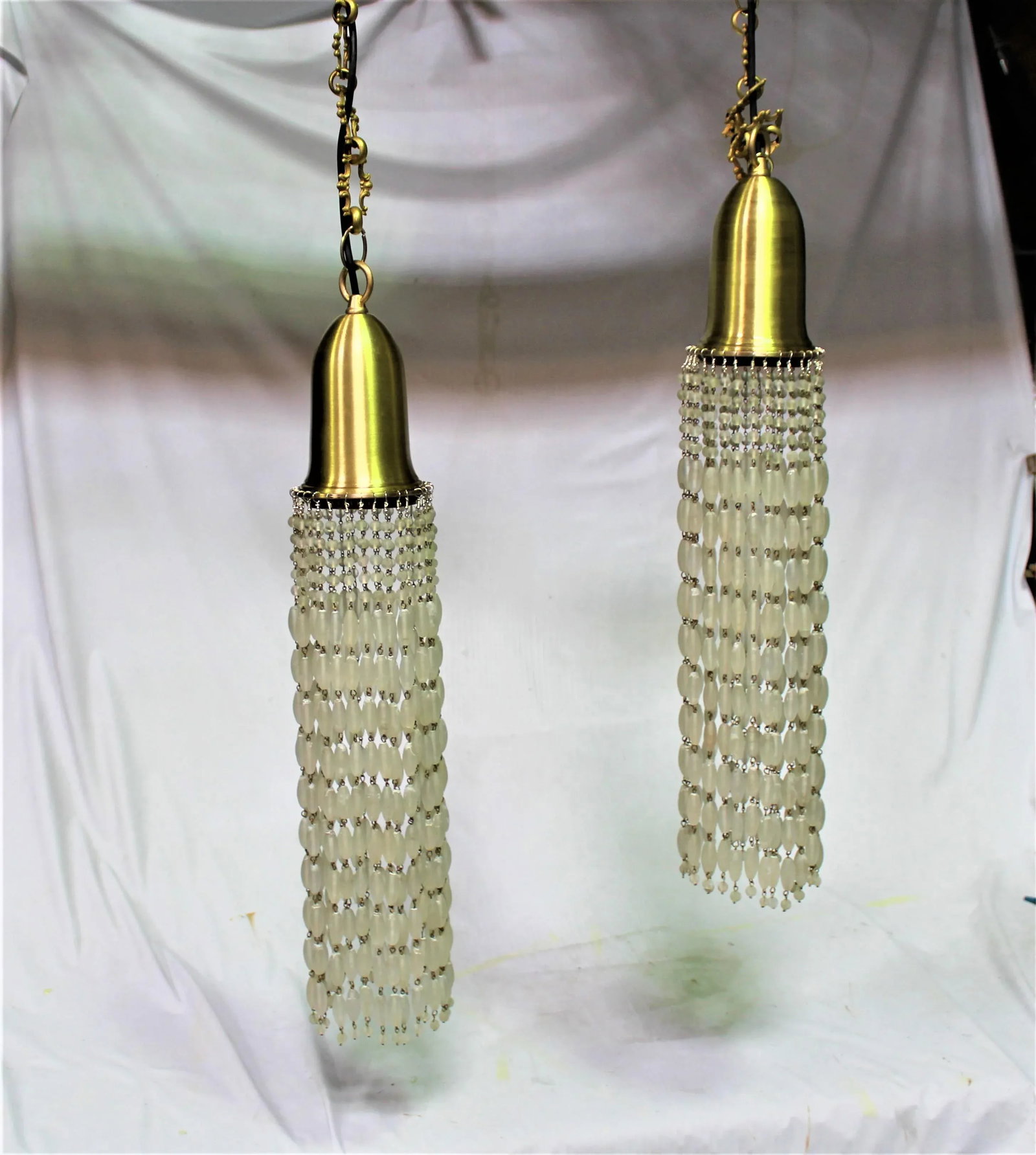Modern Frosted Glass Beads Pendant Lamps with Brass Shades and Chains - a Pair - 8