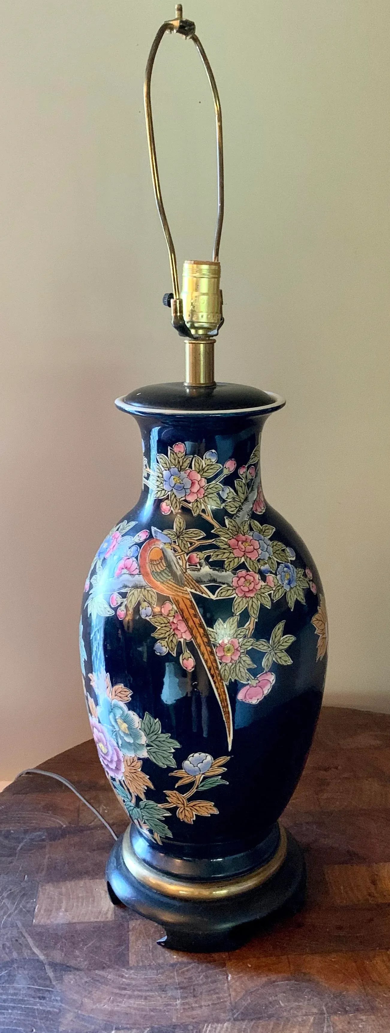 Vintage Asian Black Porcelain Painted Jar Lamp - 10