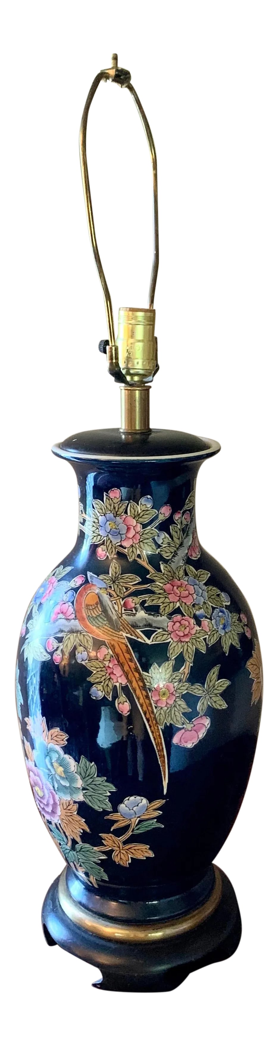 Vintage Asian Black Porcelain Painted Jar Lamp: Gorgeous deep black porcelain Asian lamp, presented with large floral blooms and perched bird in hues of pink, periwinkle orange and green. Wonderful combinations of the floral colors, this