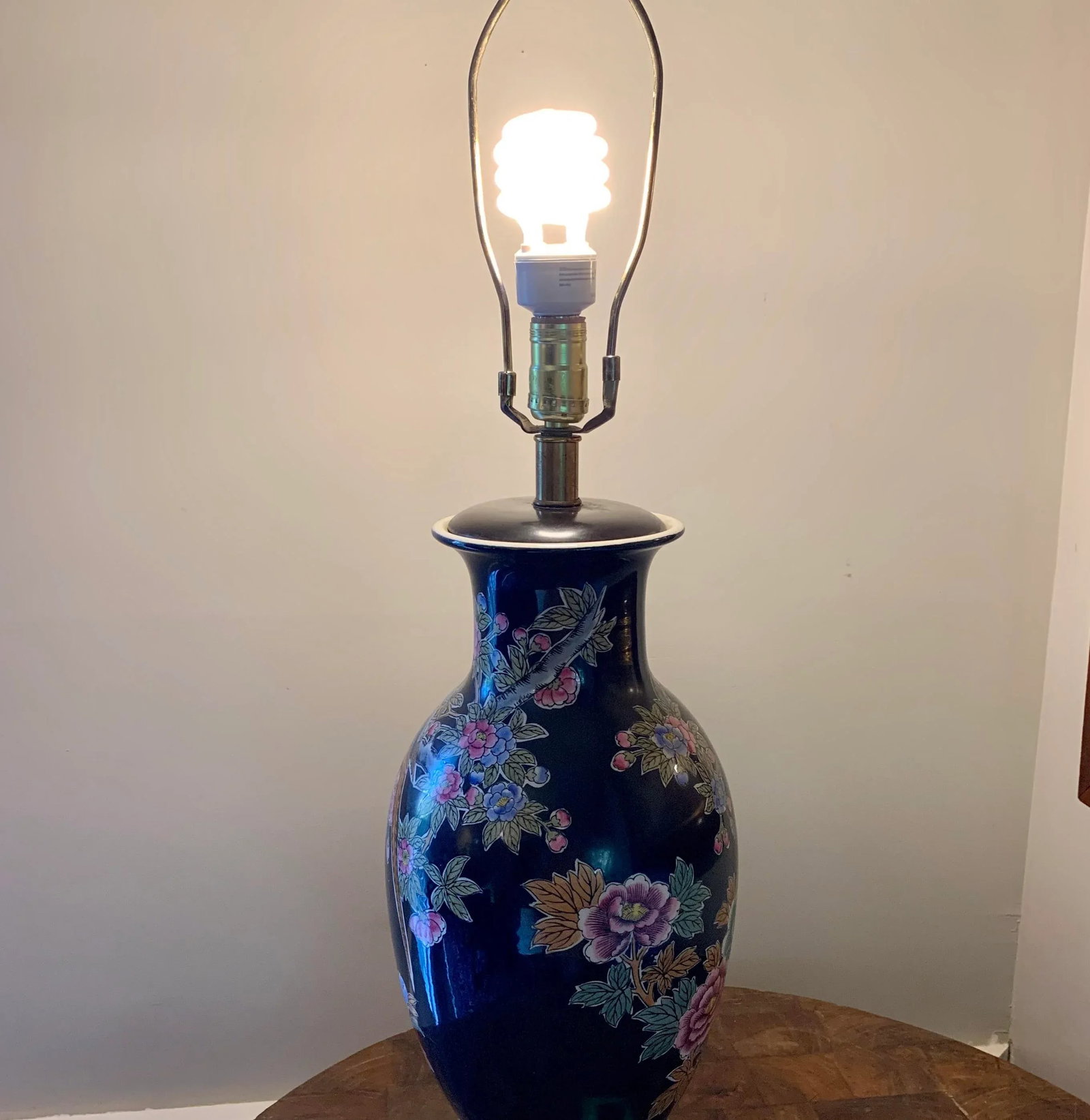 Vintage Asian Black Porcelain Painted Jar Lamp - 3