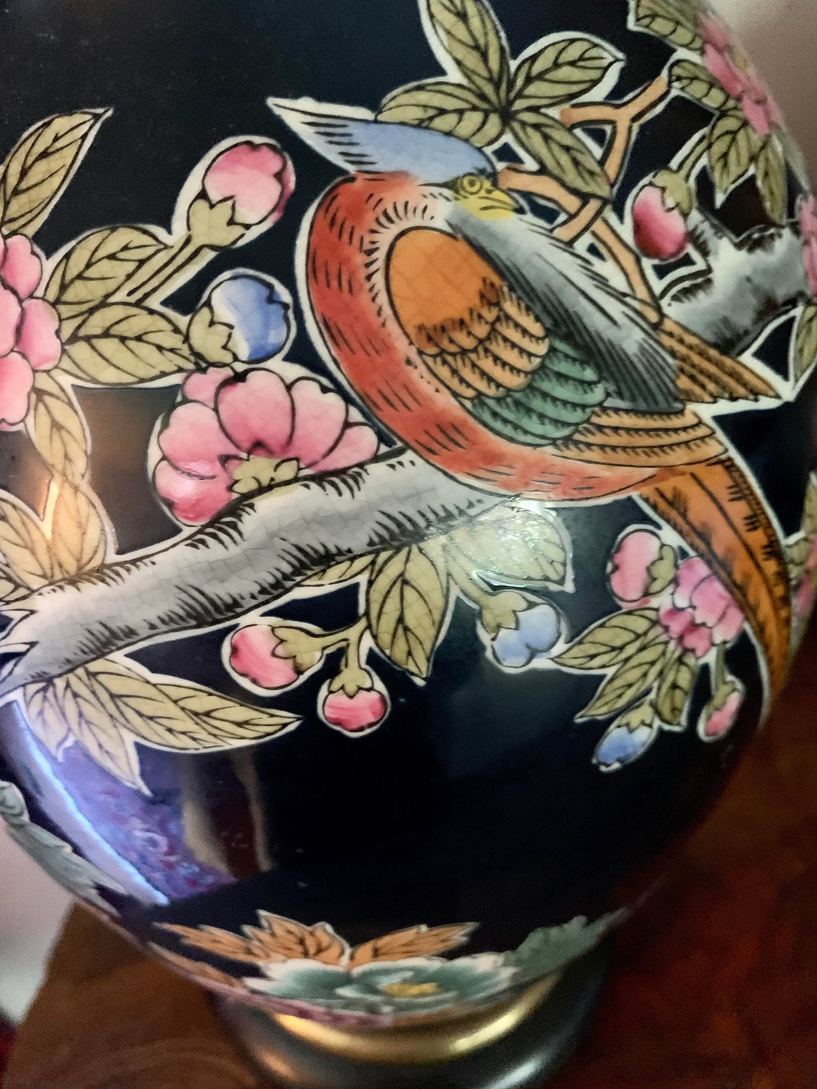 Vintage Asian Black Porcelain Painted Jar Lamp - 4