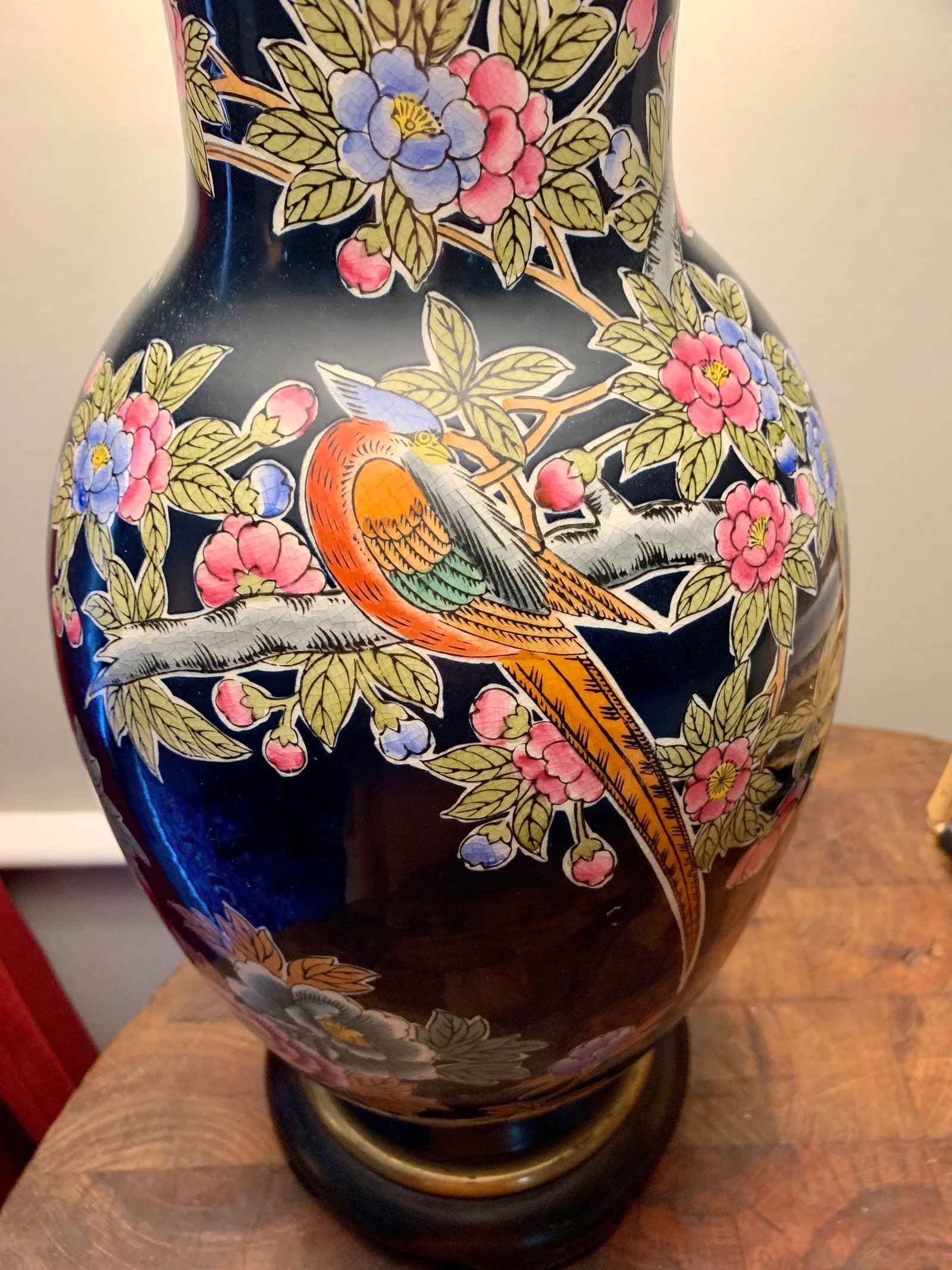 Vintage Asian Black Porcelain Painted Jar Lamp - 5