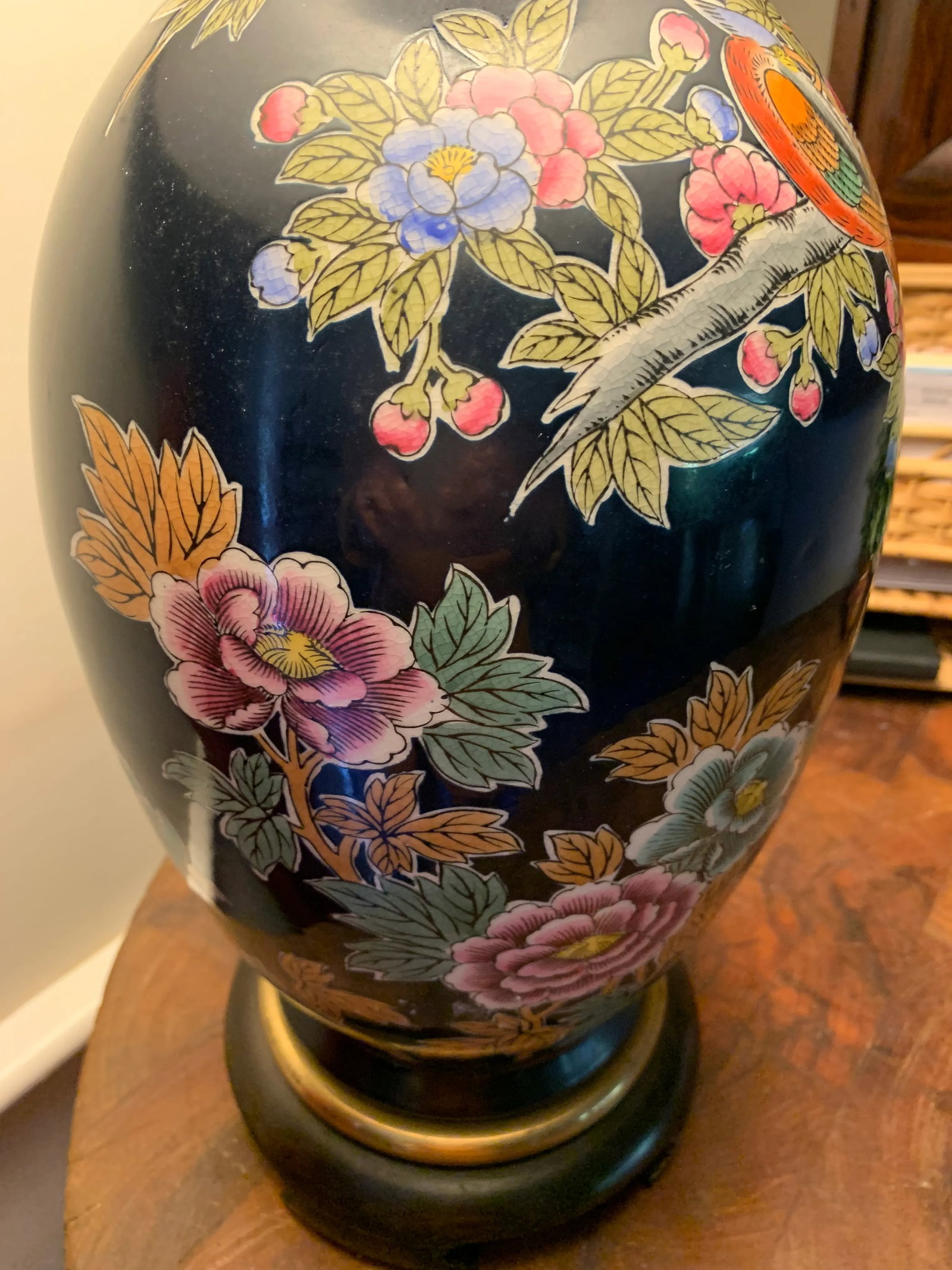 Vintage Asian Black Porcelain Painted Jar Lamp - 6
