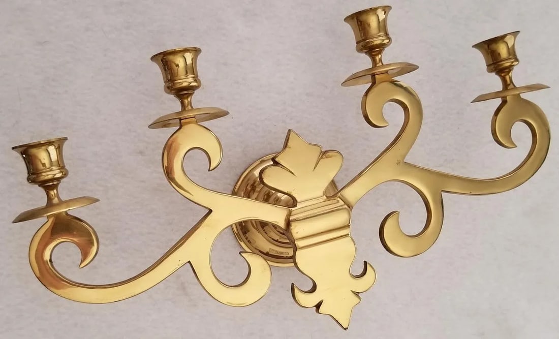 Vintage Solid Brass Wall Sconce 4 Candle Holders Fleur De Lis - 3