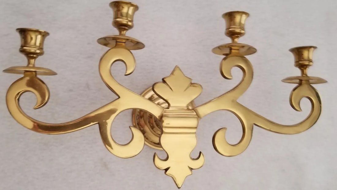 Vintage Solid Brass Wall Sconce 4 Candle Holders Fleur De Lis - 6
